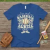 Blue t-shirt with "In My Baseball Auntie Era" text, baseball, bats, and cleats graphic