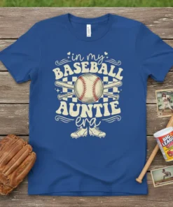 Blue t-shirt with "In My Baseball Auntie Era" text, baseball, bats, and cleats graphic