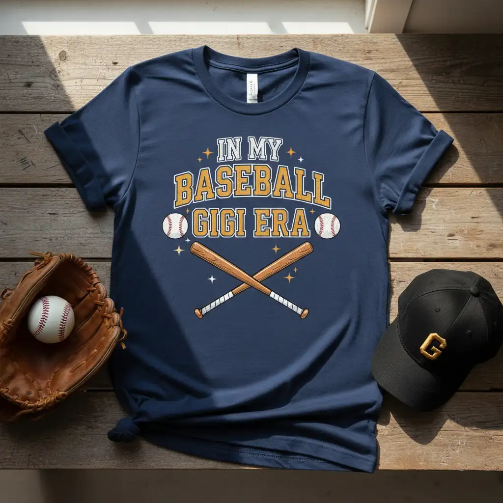 In My Baseball Gigi Era text design with baseballs and crossed bats graphic on navy t-shirt