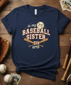 T-shirt design "in my BASEBALL SISTER era 24" with a happy baseball graphic and crossed bats