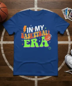 Retro "In My Basketball Era" graphic t-shirt with bold, colorful lettering and a basketball illustration
