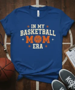 In My Basketball Mom Era text with basketball graphic on a blue t-shirt, perfect for sports moms