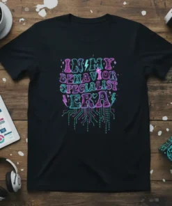 T-shirt with "IN MY BEHAVIOR SPECIALIST ERA" text in retro font with circuit board design