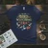 In My Bird Watching Era t-shirt design with vintage typography and colorful illustrations of various birds
