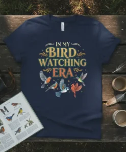 In My Bird Watching Era t-shirt design with vintage typography and colorful illustrations of various birds