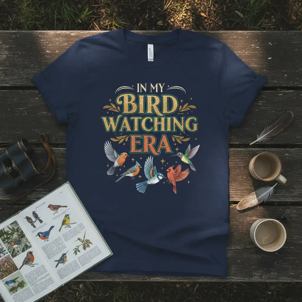 In My Bird Watching Era text with colorful bird illustrations on a vintage-style t-shirt