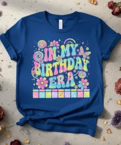 In My Birthday Era tie-dye t-shirt with retro lettering and colorful birthday graphics