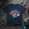 In My Birthday Girl Era text with neon glow and a disco ball graphic, surrounded by butterflies, on a navy