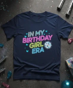 In My Birthday Girl Era text with neon glow and a disco ball graphic, surrounded by butterflies, on a navy