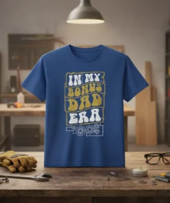 Blue t-shirt with "In My Bonus Dad Era" text in retro wavy font, featuring gear graphics and a heart