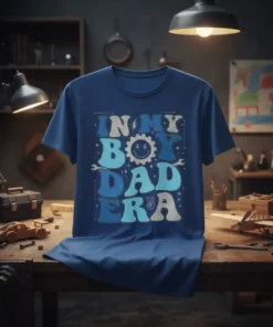 In My Boy Dad Era t-shirt with bold blue and silver lettering, featuring a gear and lightning bolt graphic