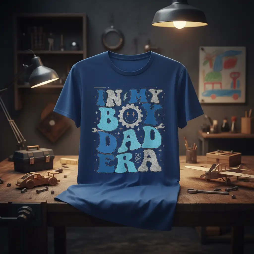 In My Boy Dad Era quote with retro lettering and dad-themed graphics like gears and wrenches on a blue tee