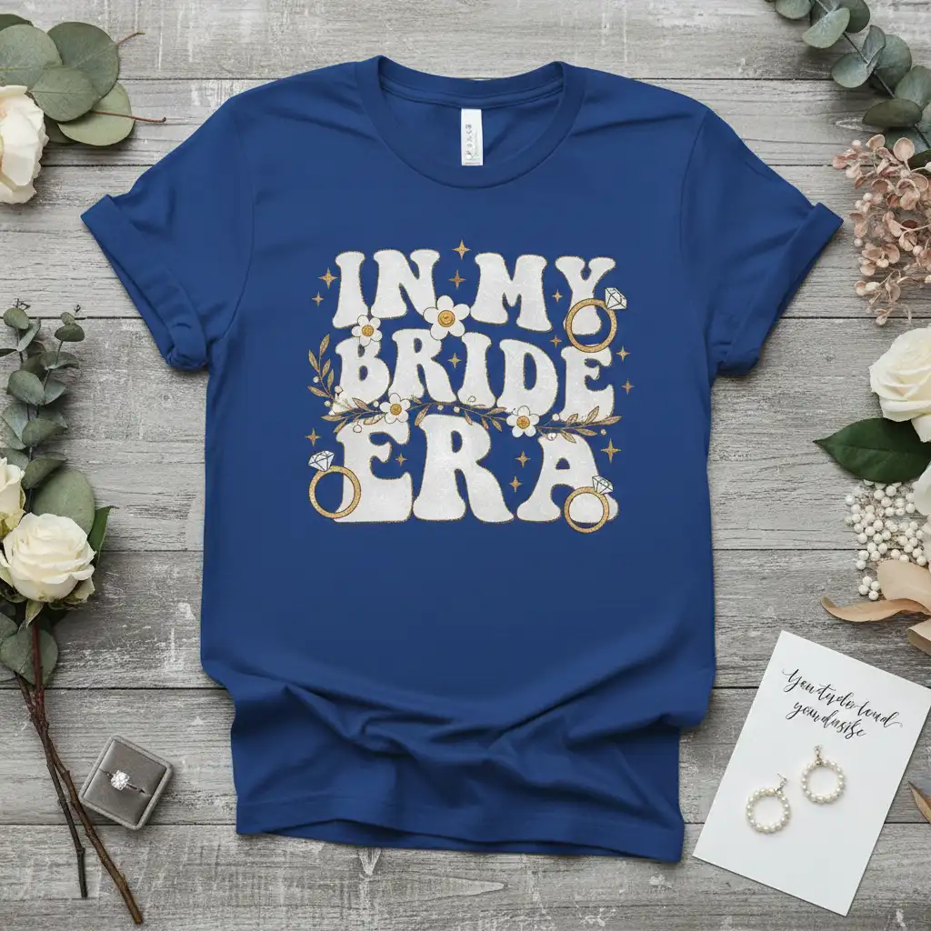 In My Bride Era retro quote design with engagement rings and floral graphics on a blue t-shirt