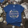 In My Bridesmaid Era text with art deco butterflies on a royal blue t-shirt