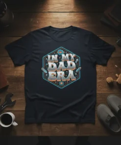 In My Dad Era text design on a black t-shirt, featuring retro font and circuit board graphics