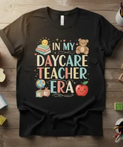 Daycare teacher t-shirt with the phrase "In My Daycare Teacher Era" and cute graphics like a teddy bear, books, and