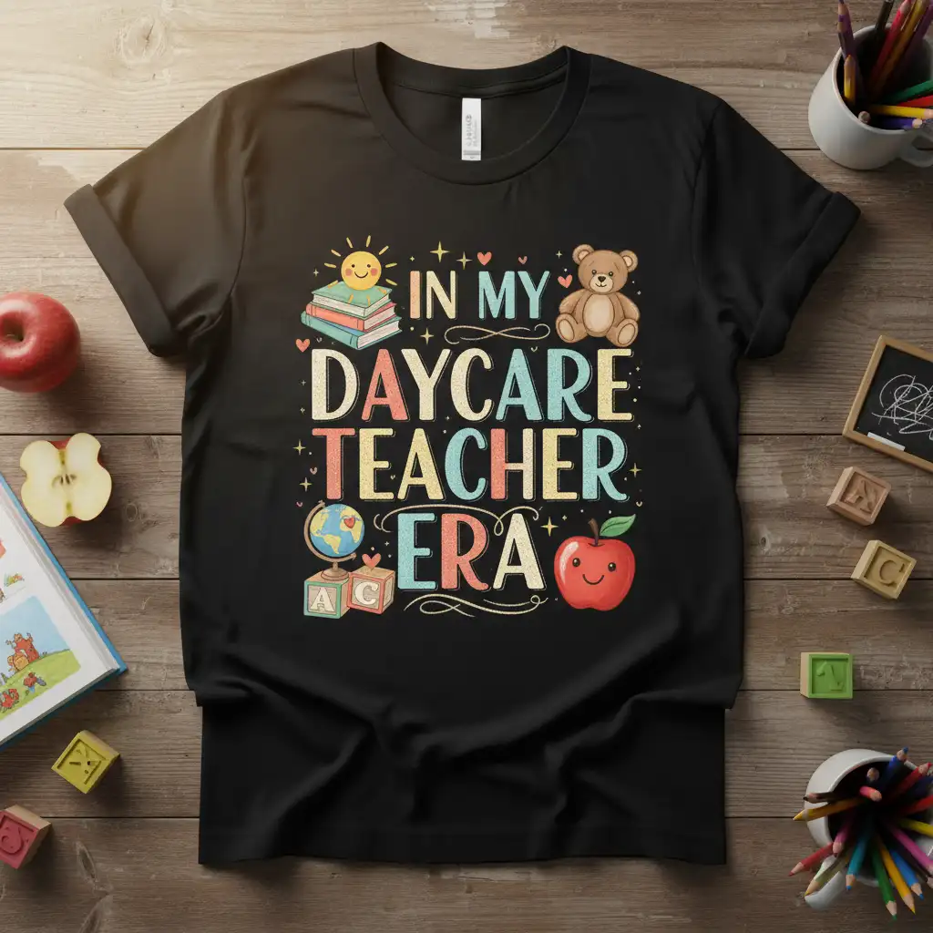 In My Daycare Teacher Era text and graphics on a black t-shirt for preschool educators