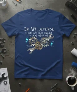 T-shirt with the text "In My Defense I Don't Get Paid Enough To Deal With This" and a graphic of