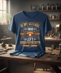 In My Defense I Was Left Unapprenticed quote on a navy t-shirt with vintage gauge graphic