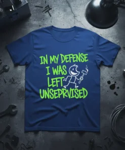 In My Defense I Was Left Unseprised text and stick figure graphic on a navy blue t-shirt