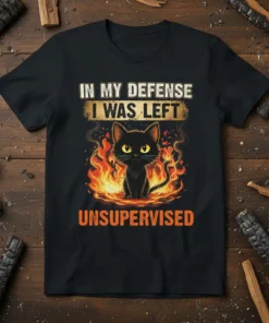 Black cat surrounded by flames with text "In My Defense I Was Left Unsupervised" on a t-shirt