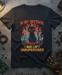 In My Defense I Was Left Unsupervised funny cat t-shirt design with a black cat on fire