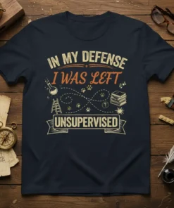 T-shirt with the full quote "In My Defense I Was Left Unsupervised" and graphics of paw prints, beakers, and books