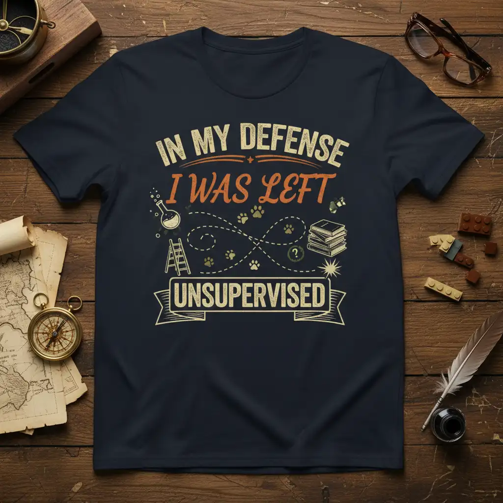In My Defense I Was Left Unsupervised quote on a t-shirt with paw prints, beakers, and books graphics