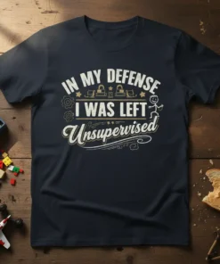 In My Defense I Was Left Unsupervised quote t-shirt with playful stick figure graphic and lock icons