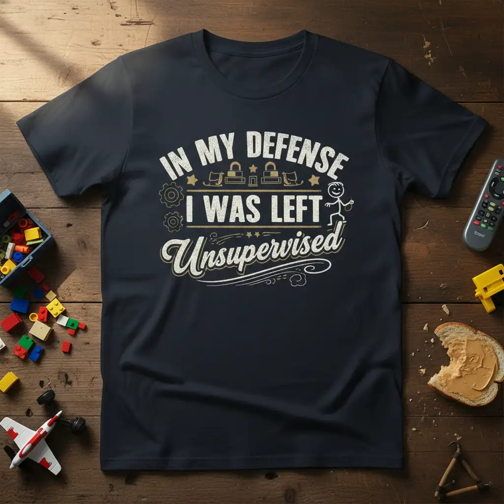 In My Defense I Was Left Unsupervised humorous quote design with playful graphics and distressed typography