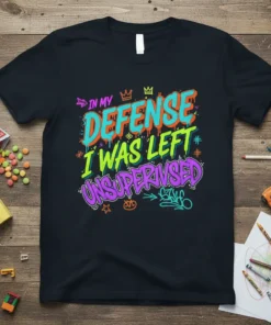 Black t-shirt with colorful graffiti text "In My Defense I Was Left Unsupervised" for a humorous adult quote design