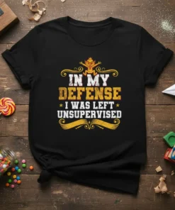 Black t-shirt with "In My Defense I Was Left Unsupervised" text in distressed yellow and white, featuring a small devil