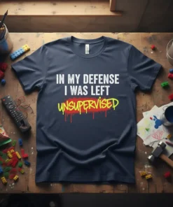 In My Defense I Was Left Unsupervised funny quote t-shirt design in white and neon yellow graffiti style on a