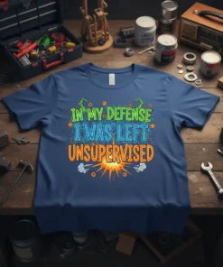 Blue t-shirt with the text "IN MY DEFENSE I WAS LEFT UNSUPERVISED" in colorful, bold lettering, featuring an explosion graphic