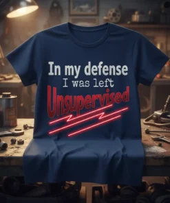 Navy blue t-shirt with white and red text reading "In my defense I was left Unsupervised" and red neon lines