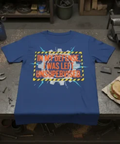 In My Defense, I Was Left Unsupervised quote t-shirt with gear graphic and warning stripes