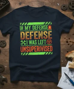 In My Defense I Was Left Unsupervised funny quote t-shirt design with industrial graphics