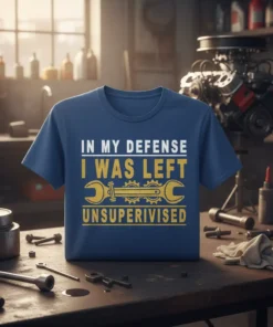 Blue t-shirt with yellow and white text "In My Defense I Was Left Unsupervised" and wrench graphic, set in a