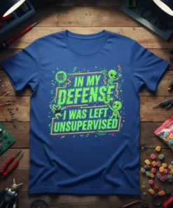 In My Defense I Was Left Unsupervised quote on a blue t-shirt with cartoon aliens and tech graphics