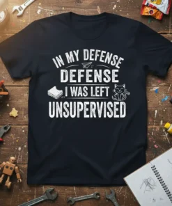 White text "In My Defense Defense I Was Left Unsupervised" with a small sandwich and cat graphic on a black
