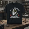 T-shirt with white text "In My Defense I Was Left Unsupervised" and a graphic of a cool gorilla wearing sunglasses