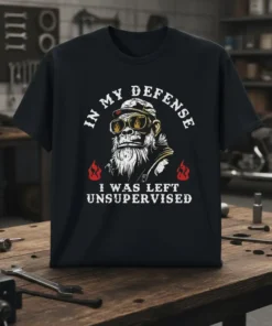 T-shirt with white text "In My Defense I Was Left Unsupervised" and a graphic of a cool gorilla wearing sunglasses
