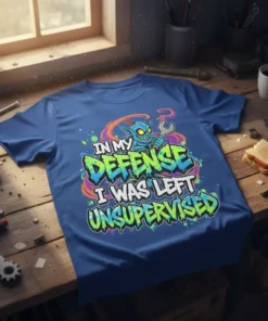 Blue t-shirt with bold graffiti-style text "In My Defense I Was Left Unsupervised" and a mischievous blue goblin holding a