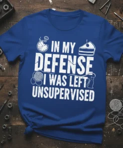 White text reading "In My Defense I Was Left Unsupervised" with graphics of a stopwatch, cake, yarn ball, and cat