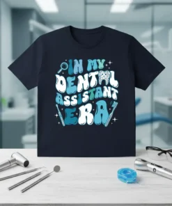 In My Dental Assistant Era t-shirt with retro wavy font, tooth graphic, and dental tools