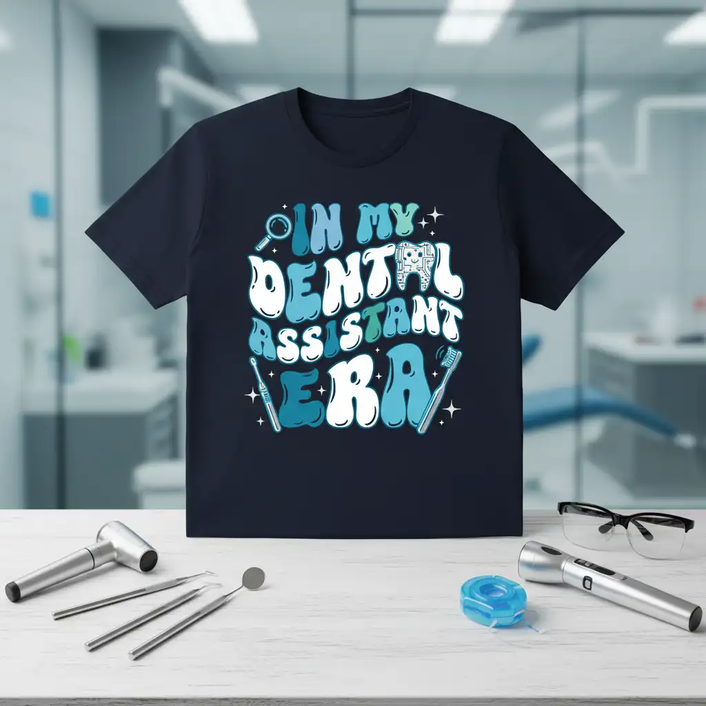 In My Dental Assistant Era text design with retro wavy font and dental icons for dental professionals