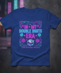 In My Double Digits Era 10th birthday version text with disco ball and floral graphics on a blue t-shirt