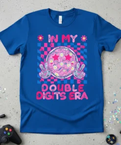 In My Double Digits Era text with smiley face graphic and peace signs, vibrant pink and blue design on a