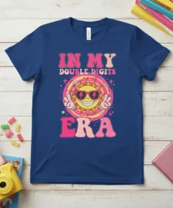 In My Double Digits Era retro sun graphic t-shirt design with peace signs and flowers