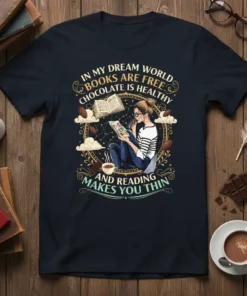 T-shirt design with text "In My Dream World Books Are Free. Chocolate Is Healthy And Reading Makes You Thin" featuring